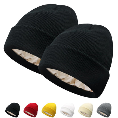 PFFY Satin Lined Beanie for Women Silk Lining Soft Winter Hats Reduce Frizz Knit Beanies Warm Skull Cap