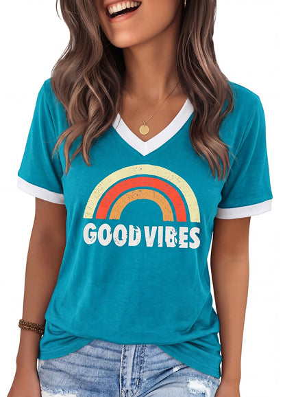 YEXIPO Womens T Shirts Graphic Tees Spring Short Sleeve V Neck Funny Letter Print Casual Loose Cute Summer Tops