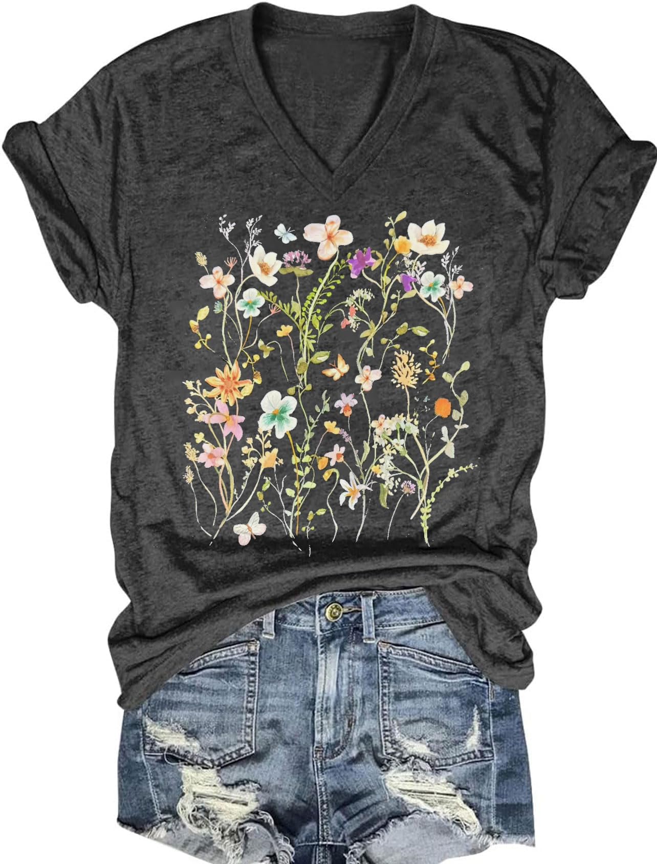 Women's T-Shirts V-Neck Dragonfly Tee Cute Summer Graphic Shirts Vintage Boho Flowers Short Sleeve T Shirt