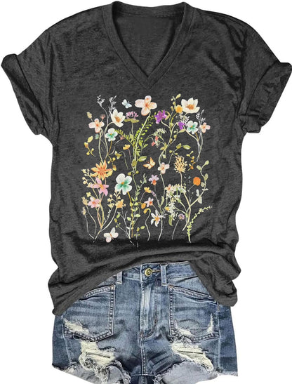 Women's T-Shirts V-Neck Dragonfly Tee Cute Summer Graphic Shirts Vintage Boho Flowers Short Sleeve T Shirt
