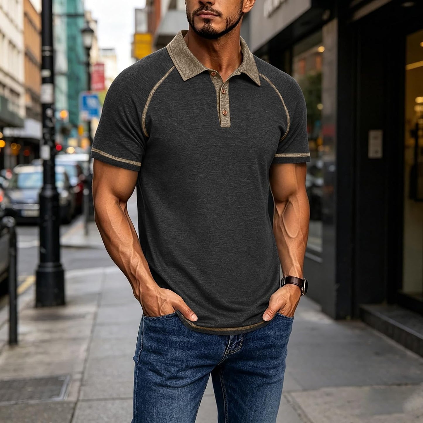 Mens Cotton Polo Shirts Short Sleeve Raglan Collared Casual Summer Fashion Spread Collar Golf Shirts