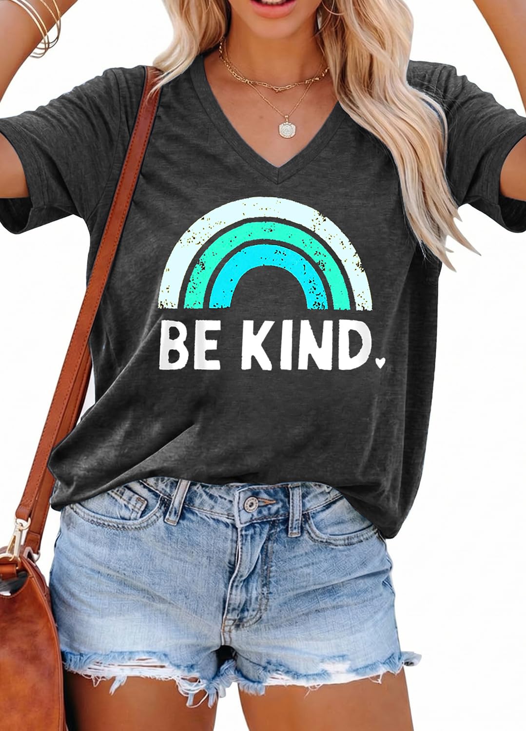 YEXIPO Womens Graphic Tees V-Neck T Shirts Spring Short Sleeve Funny Letter Print Casual Loose Cute Summer Tops
