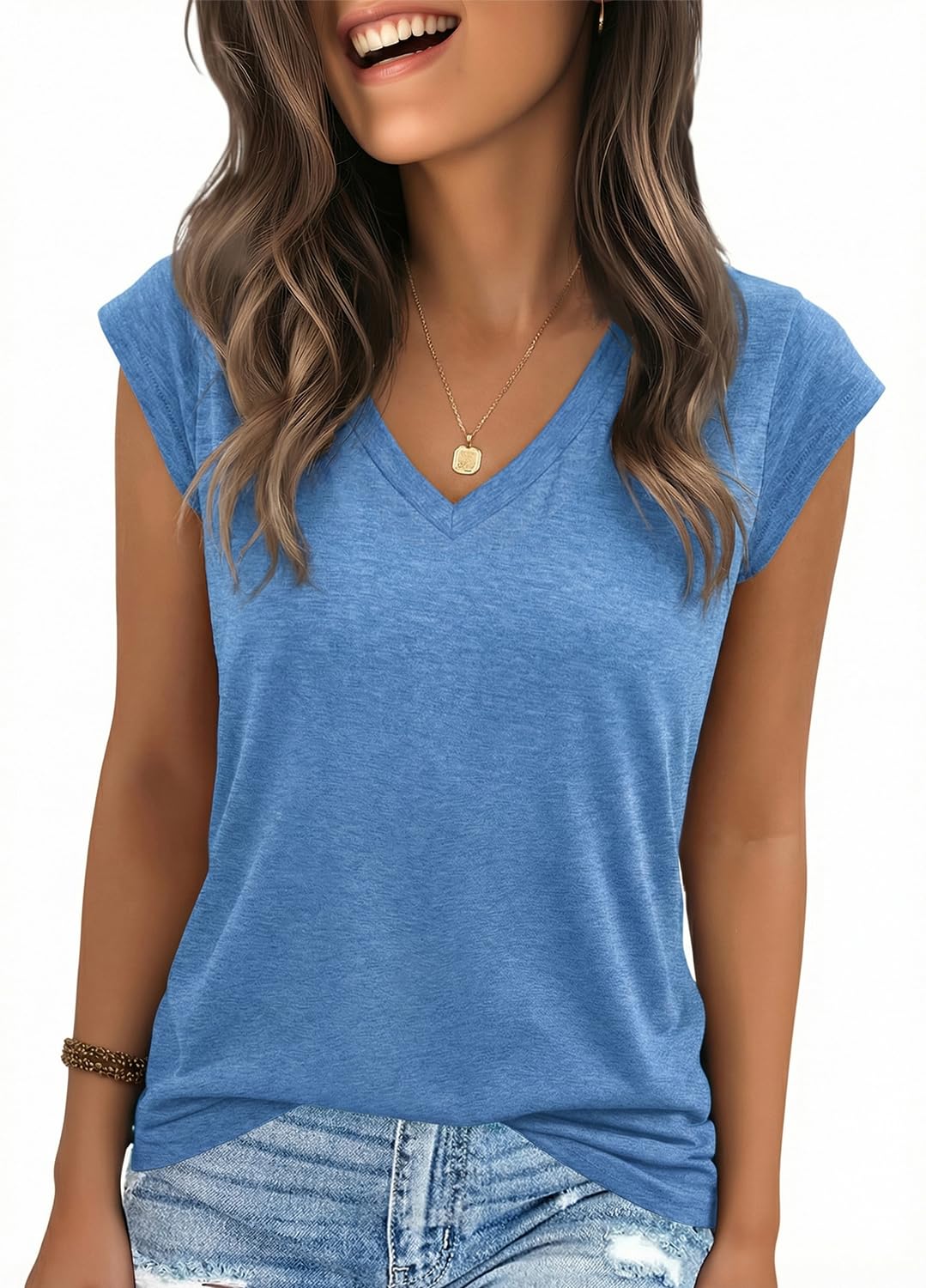 YEXIPO Womens Tops Cap Sleeve T Shirts 2026 Summer Casual Loose Fit V Neck Shirts Cute Trendy Beach Vacation Clothes