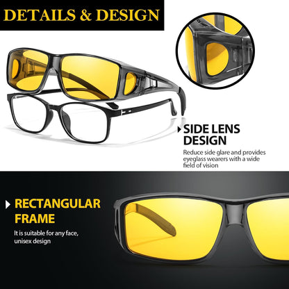 TJUTR Night Vision Driving Glasses Fit Over Eyeglasses for Men Women, Anti-Glare Polarized UV400 Protection Yellow Lens 2612R