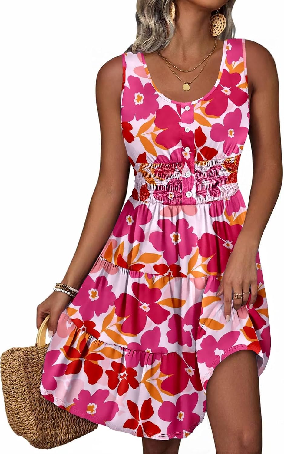 Summer Dresses for Women Casual Sleeveless Sundresses Elastic Waist Mini Sun Dress