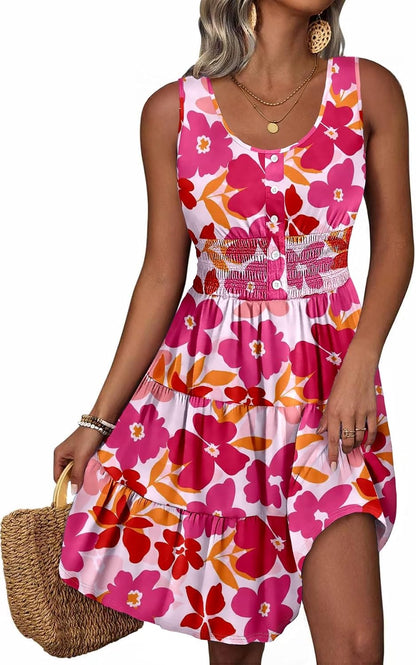 Summer Dresses for Women Casual Sleeveless Sundresses Elastic Waist Mini Sun Dress