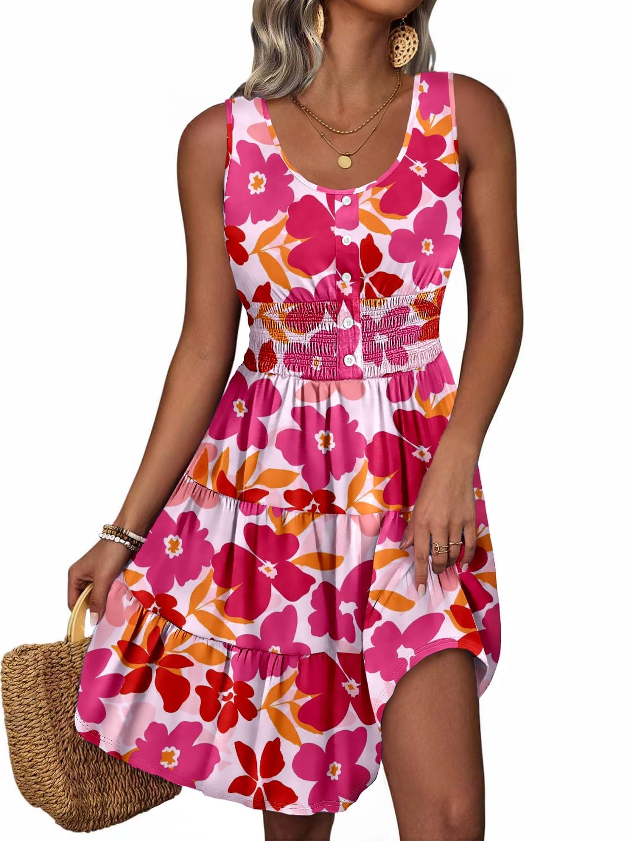 Summer Dresses for Women Casual Sleeveless Sundresses Elastic Waist Mini Sun Dress