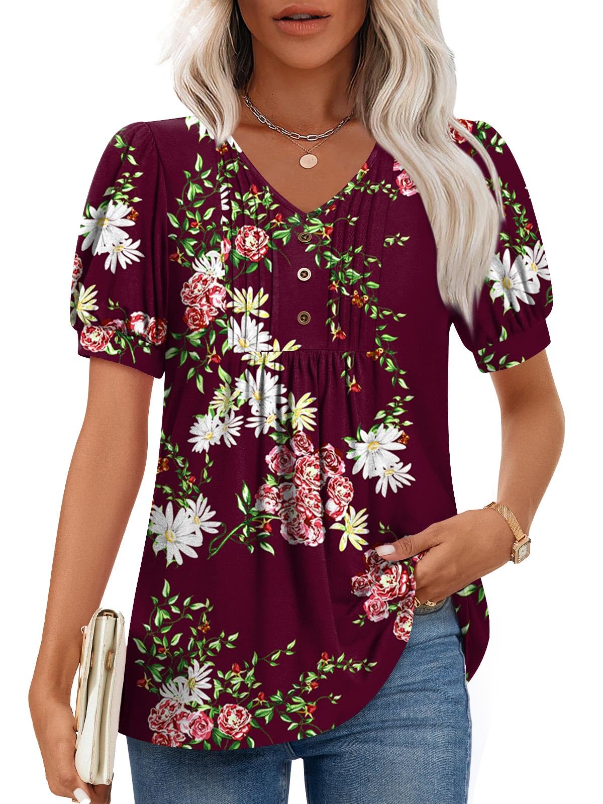 Findsweet Women's Summer Tunic Tops Casual Dressy Blouses Short Sleeve Shirts M-4XL