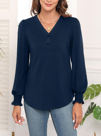 WEACZZY Womens Tops Long Sleeve Fall Shirts for Women Dressy Casual Button V Neck Tunic Blouse Ruffle Cuffs T-Shirts 2026