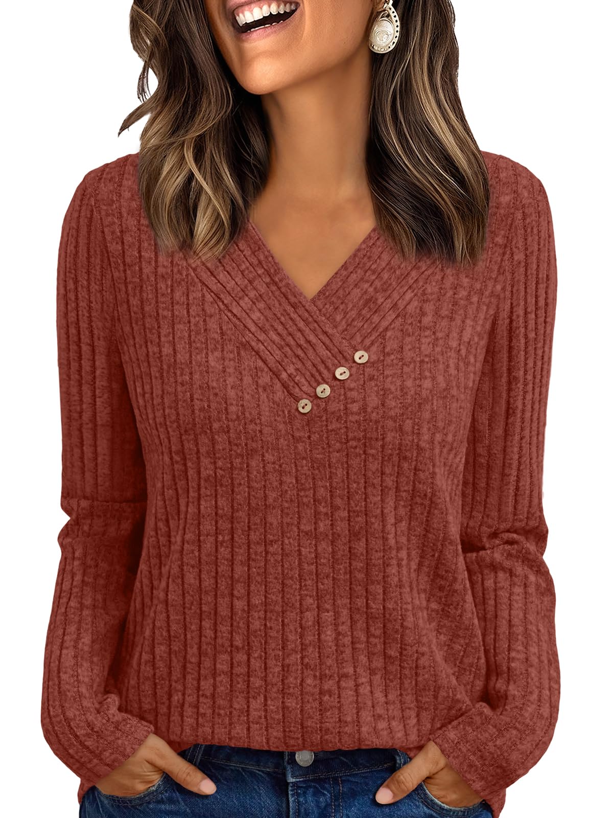 AUTOMET Womens Long Sleeve Shirt Fall Fashion 2025 V Neck Sweater Tunic Tops Dressy Casual Work Blouse Trendy Winter Clothing