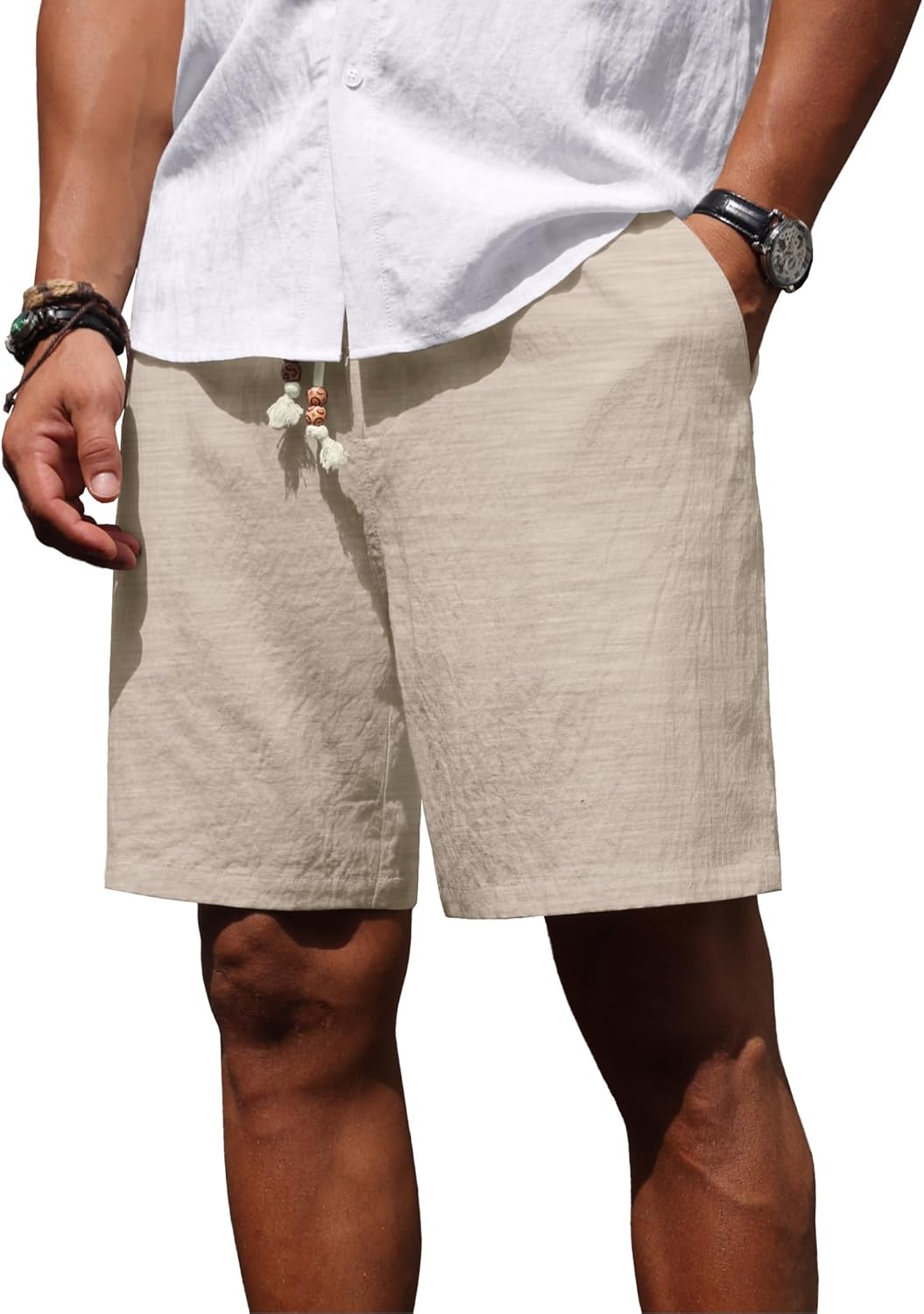 Sailwind Men’s Linen Shorts Casual Summer Elastic Waist Drawstring Lightweight Beach Vacation Shorts with Pockets