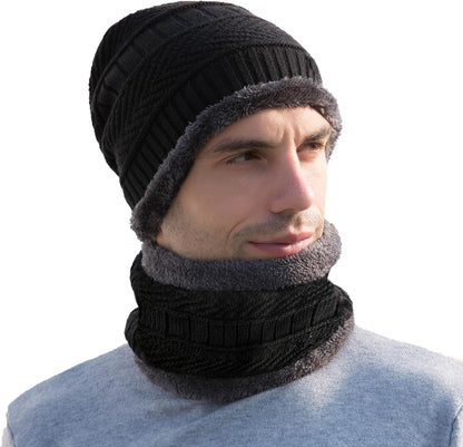 PFFY Warm Beanie Hat Scarf Set Knit Hats Thick Fleece Lined Winter Cap Neck Warmer for Men Women