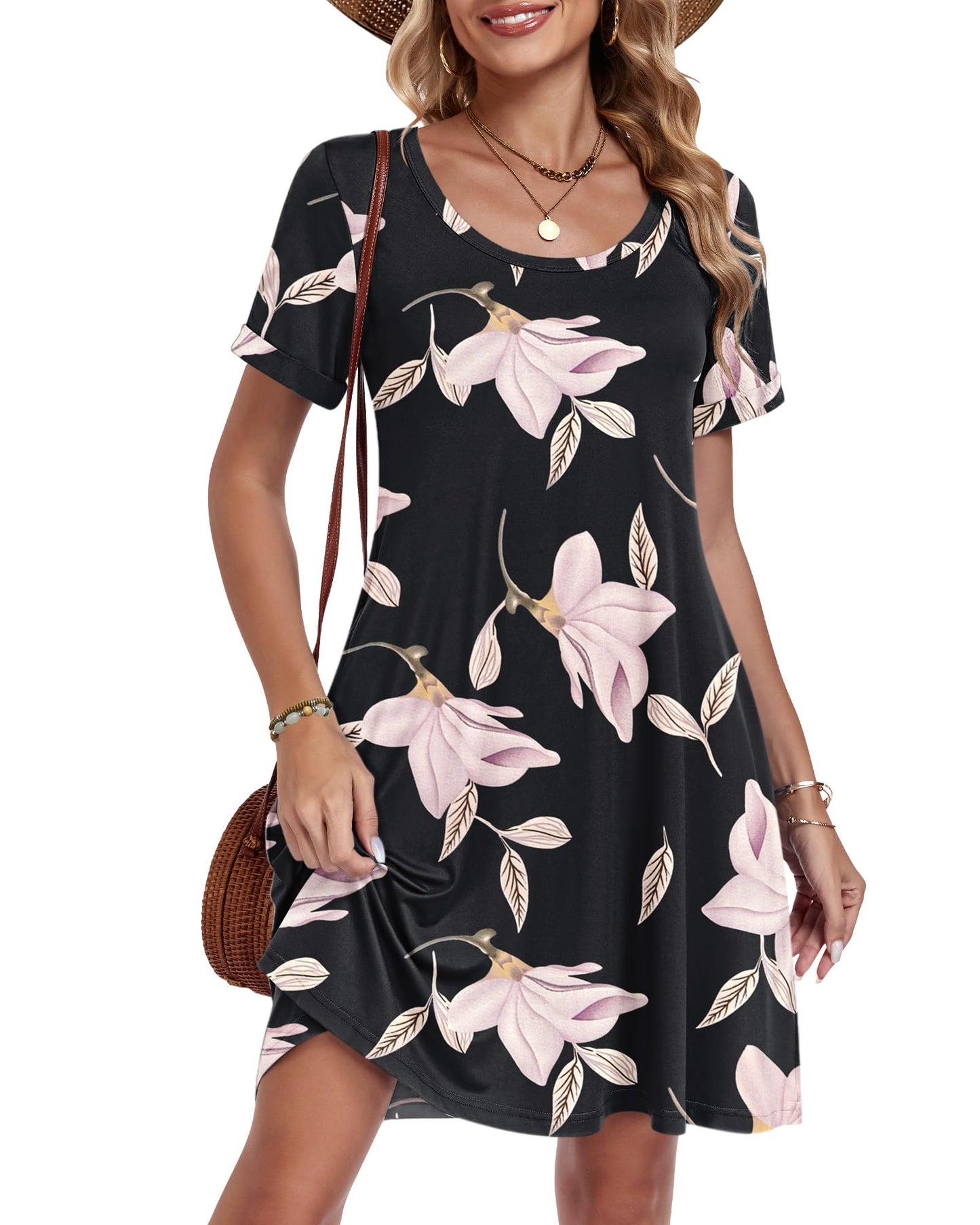 AUSELILY Women's Summer Casual Dresses 2026 Short Sleeve Swing Beach Floral T-Shirt Dress with Pockets