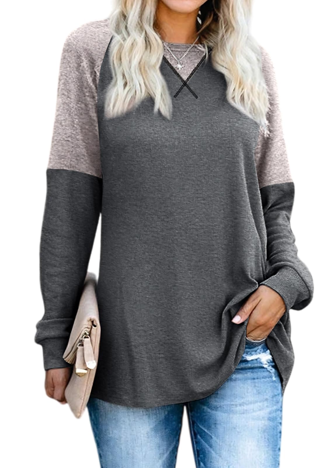 YEXIPO Womens Long Sleeve Shirts Casual Loose Fit Crew Neck Color Block Fall Fashion 2024 Tunic Tops