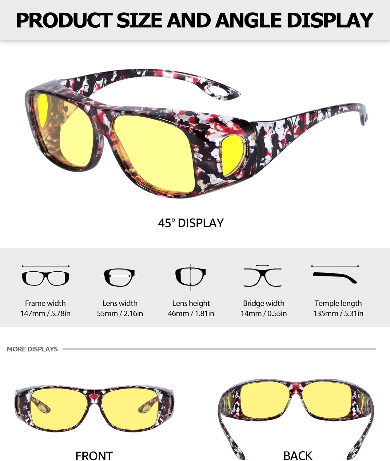 TJUTR Night Vision Driving Glasses for Women Men, Fit Over Wrap Around Eyewear Glasses, Yellow Lens Anti-glare TN8143