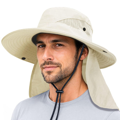 PFFY Sun Bucket Hats for Men Women Fishing Hat UV Protection Wide Brim Beach Safari Hat with Neck Flap