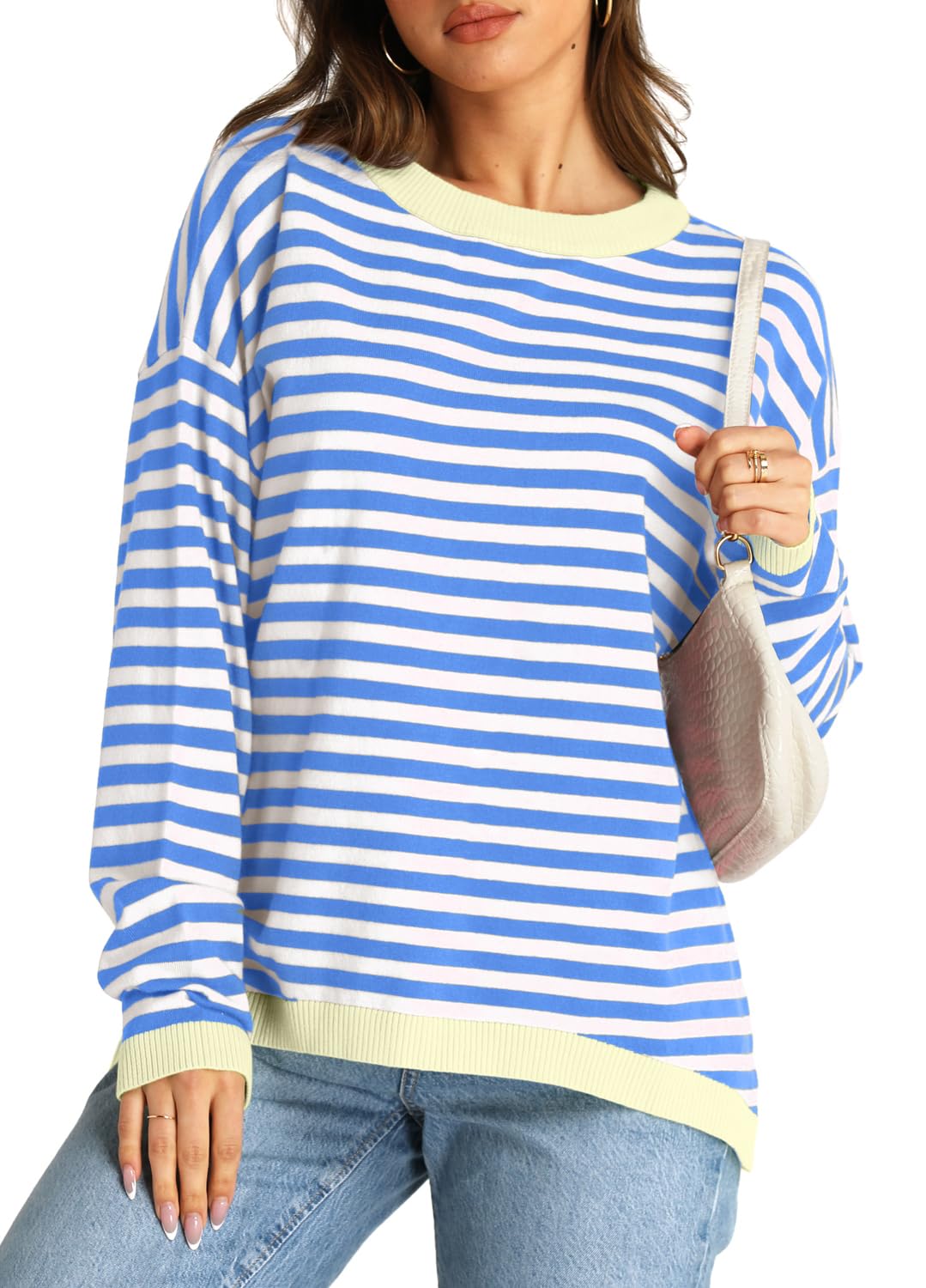 YEXIPO Womens Sweaters Striped 2024 Fall Long Sleeve Crewneck Casual Knit Lightweight Oversized Pullover Sweater Tops