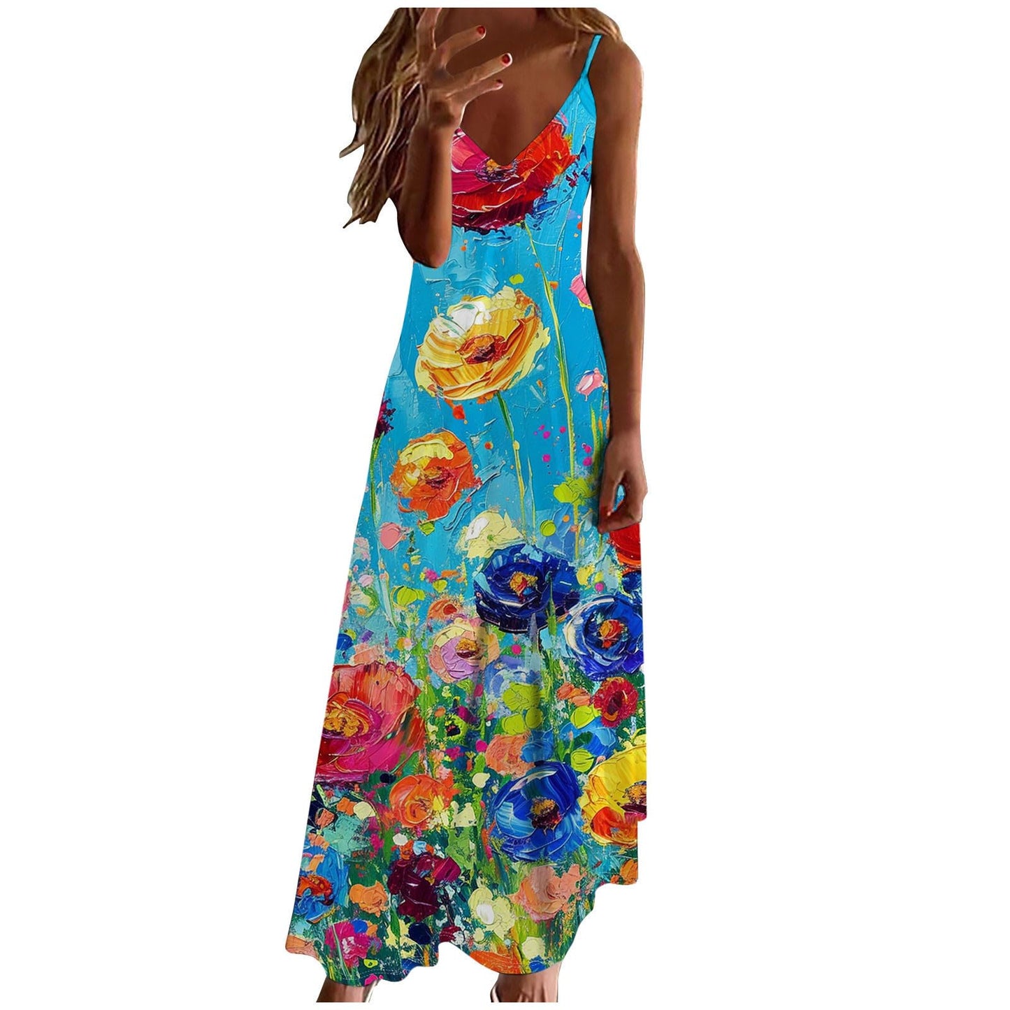 Ceboyel Women Floral Spaghetti Strap Sundress Casual Summer Long Maxi Dress Vneck Sexy Boho Dresses Trendy Beach Clothes