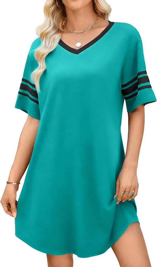 WEACZZY Women's Sleep Shirt Short Sleeve Nightgown Loose Fit Breathable | Crew Neck, Soft Polyester Blend Sleepwear, Solid Colors Floral Prints, Pajama Dress, Loungewear, House Casual Daily Wear