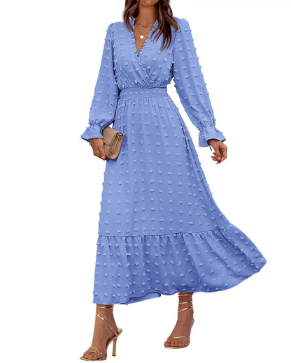 BTFBM Women Fall Maxi Dresses 2026 Long Sleeve V Neck Swiss Dots High Waisted A-Line Ruffle Boho Long Dress Vacation