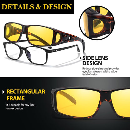 TJUTR Night Vision Driving Glasses Fit Over Eyeglasses for Men Women, Anti-Glare Polarized UV400 Protection Yellow Lens 2612R