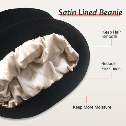 PFFY Satin Lined Beanie for Women Silk Lining Soft Winter Hats Reduce Frizz Knit Beanies Warm Skull Cap