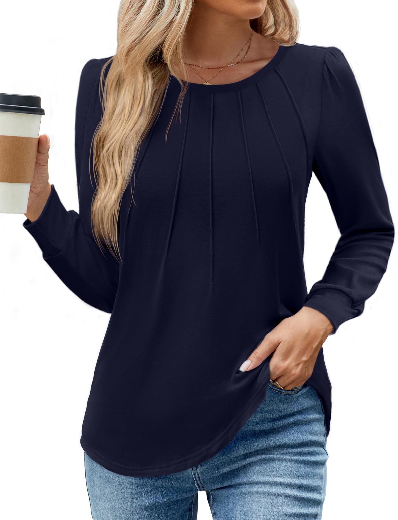 WEACZZY Women Long Sleeve Shirts Crew Neck Tunic Tops Soft Casual Blouses Creased Design Curved Side Hem Fashion Outfits 2026