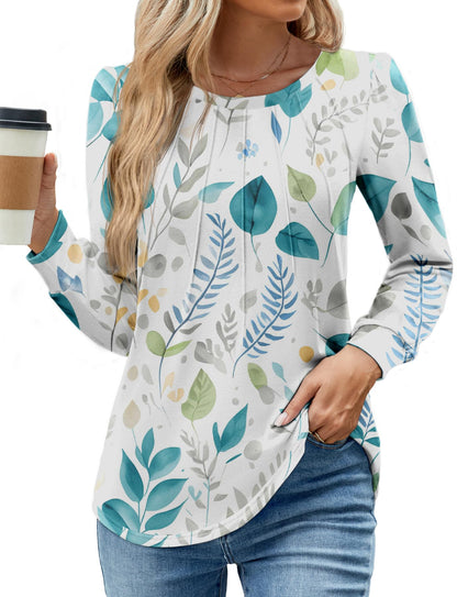 WEACZZY Women Long Sleeve Shirts Crew Neck Tunic Tops Soft Casual Blouses Creased Design Curved Side Hem Fashion Outfits 2026