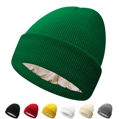 PFFY Satin Lined Beanie for Women Silk Lining Soft Winter Hats Reduce Frizz Knit Beanies Warm Skull Cap