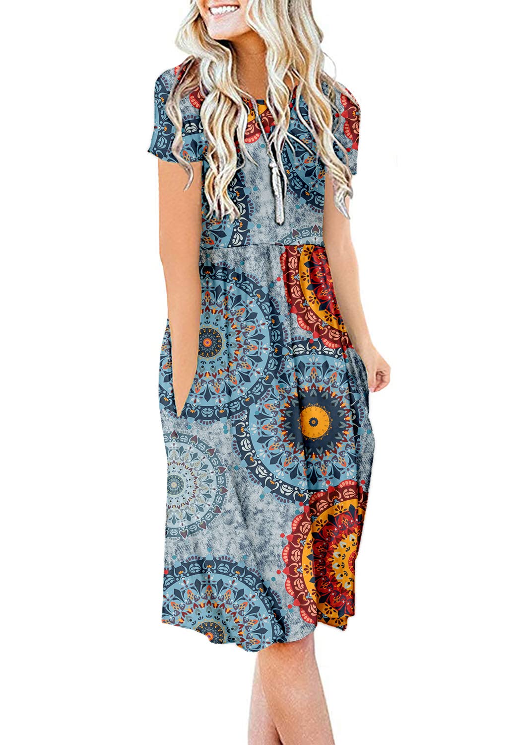 DB MOON Women Summer Casual Short Sleeve Dresses Empire Waist Dress with Pockets