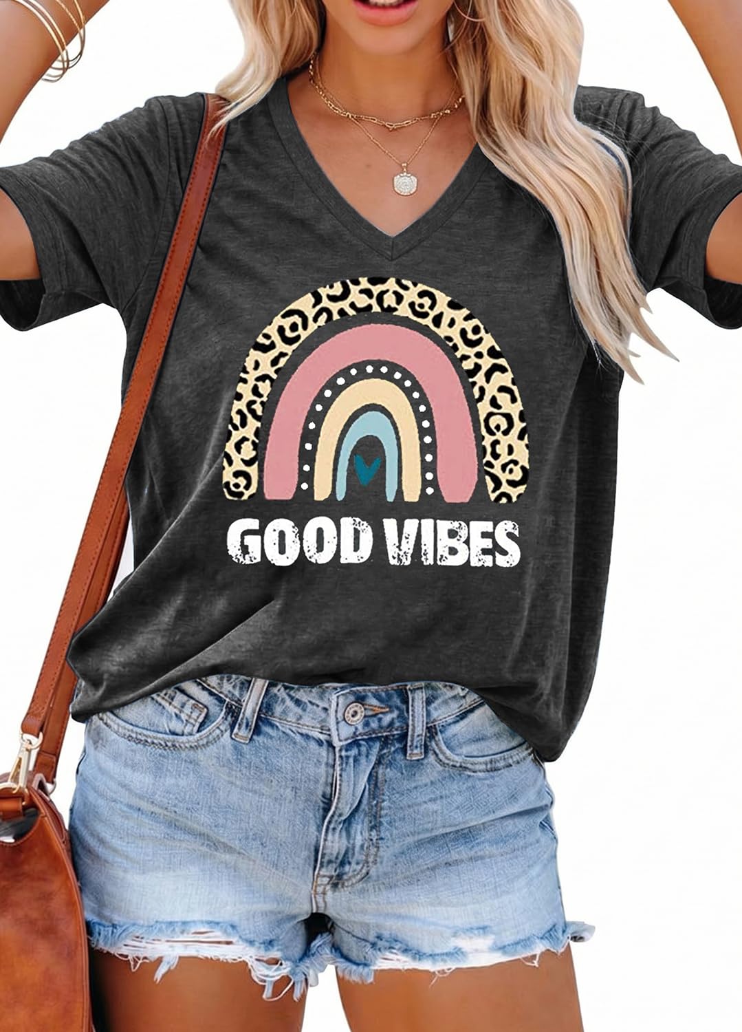 YEXIPO Womens Graphic Tees V-Neck T Shirts Spring Short Sleeve Funny Letter Print Casual Loose Cute Summer Tops