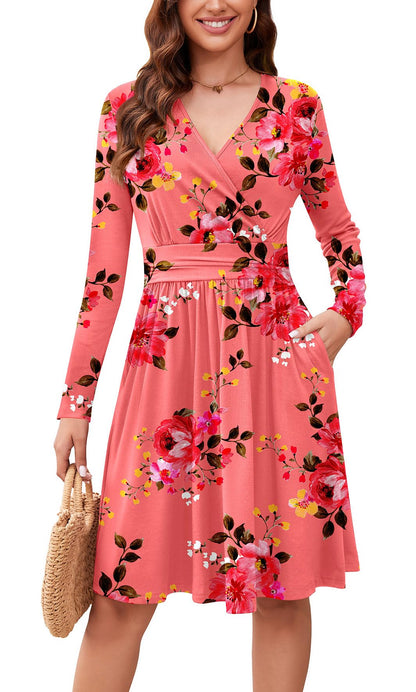 WEACZZY Women's Long Sleeve Casual Fall Dresses V-Neck Swing Floral Party Dress with Pockets 2026