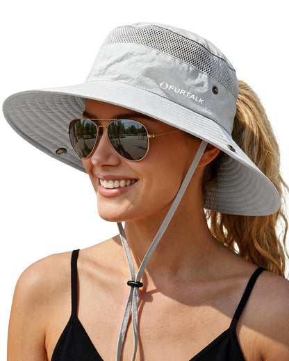 FURTALK Sun Hats for Women with Ponytail Hole Hiking Summer Wide Brim Outdoor UV Protection Bucket Safari Hat