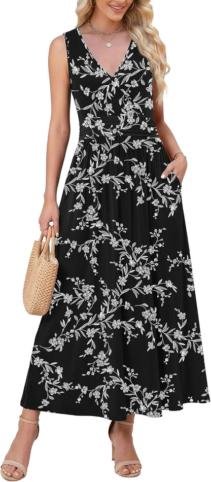WEACZZY Women's Maxi Dress Sleeveless V Neck Sundress Cocktail Long Dresses with Pockets