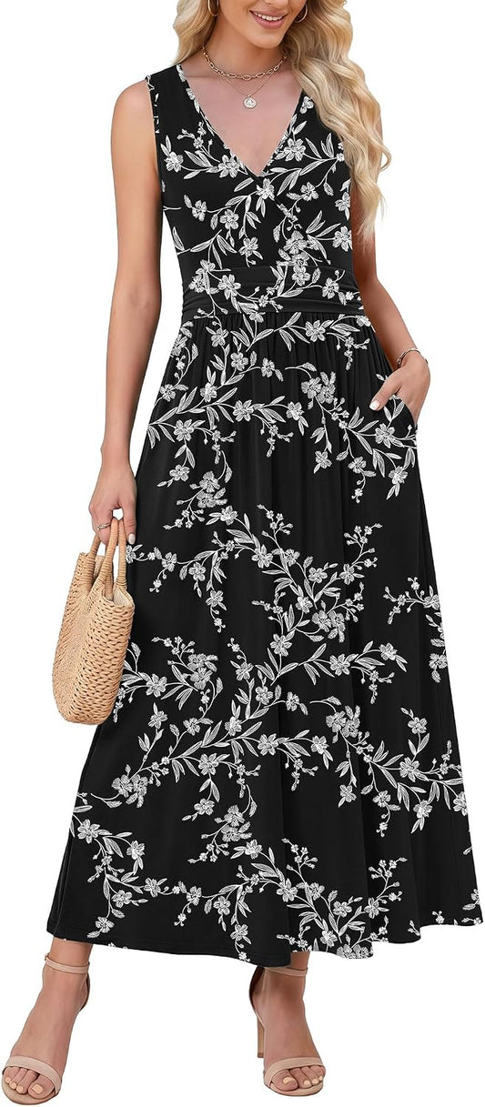 WEACZZY Women's Maxi Dress Sleeveless V Neck Sundress Cocktail Long Dresses with Pockets