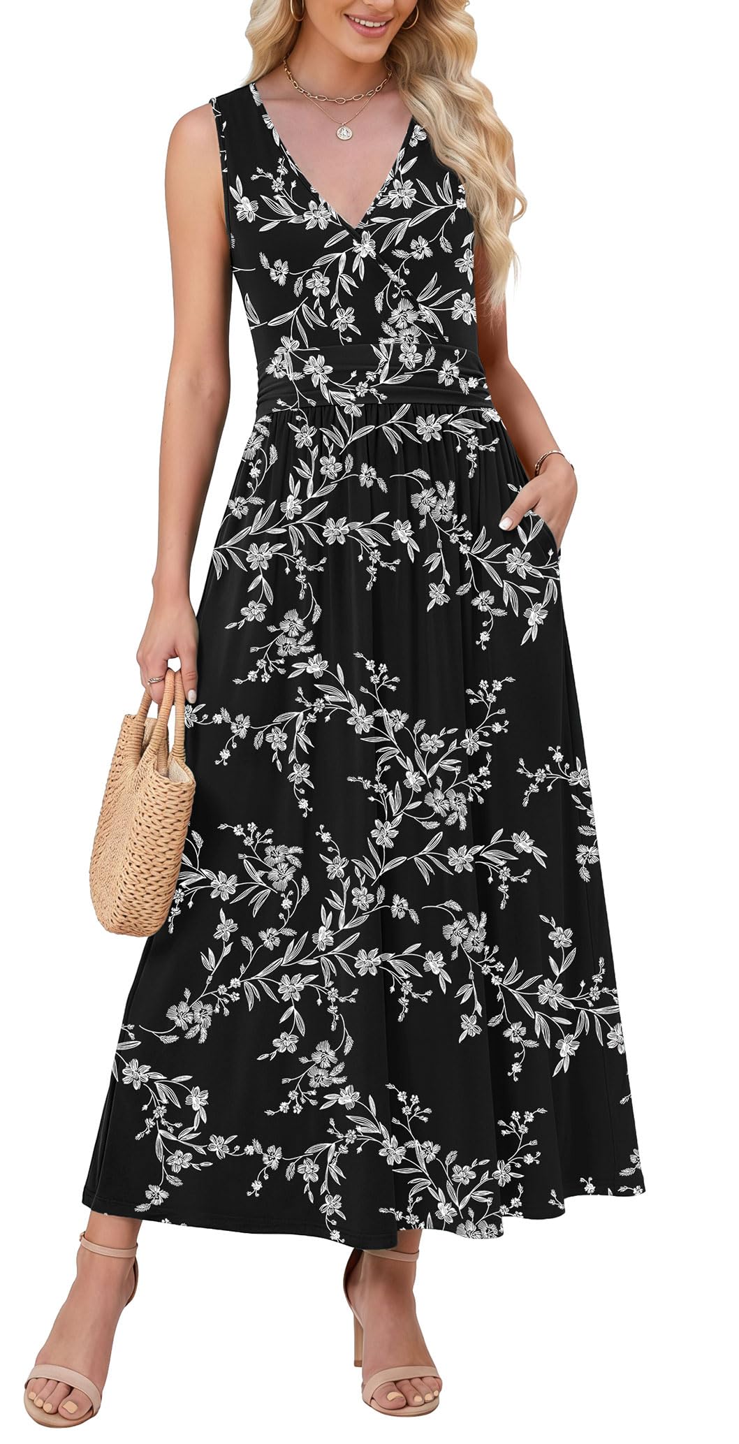 WEACZZY Women's Maxi Dress Sleeveless V Neck Sundress Cocktail Long Dresses with Pockets