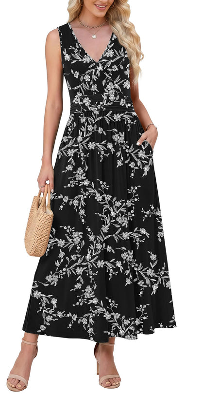 WEACZZY Women's Maxi Dress Sleeveless V Neck Sundress Cocktail Long Dresses with Pockets