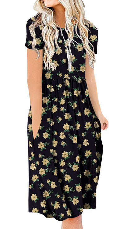 DB MOON Women Summer Casual Short Sleeve Dresses Empire Waist Dress with Pockets