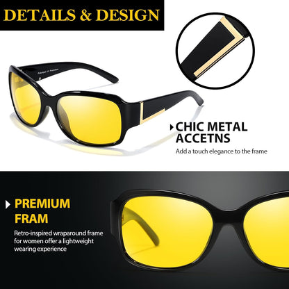 TJUTR Night Vision Driving Glasses for Women, Anti-glare Wraparound Glasses,UV400 Polarized Yellow Lens for Nighttime safety