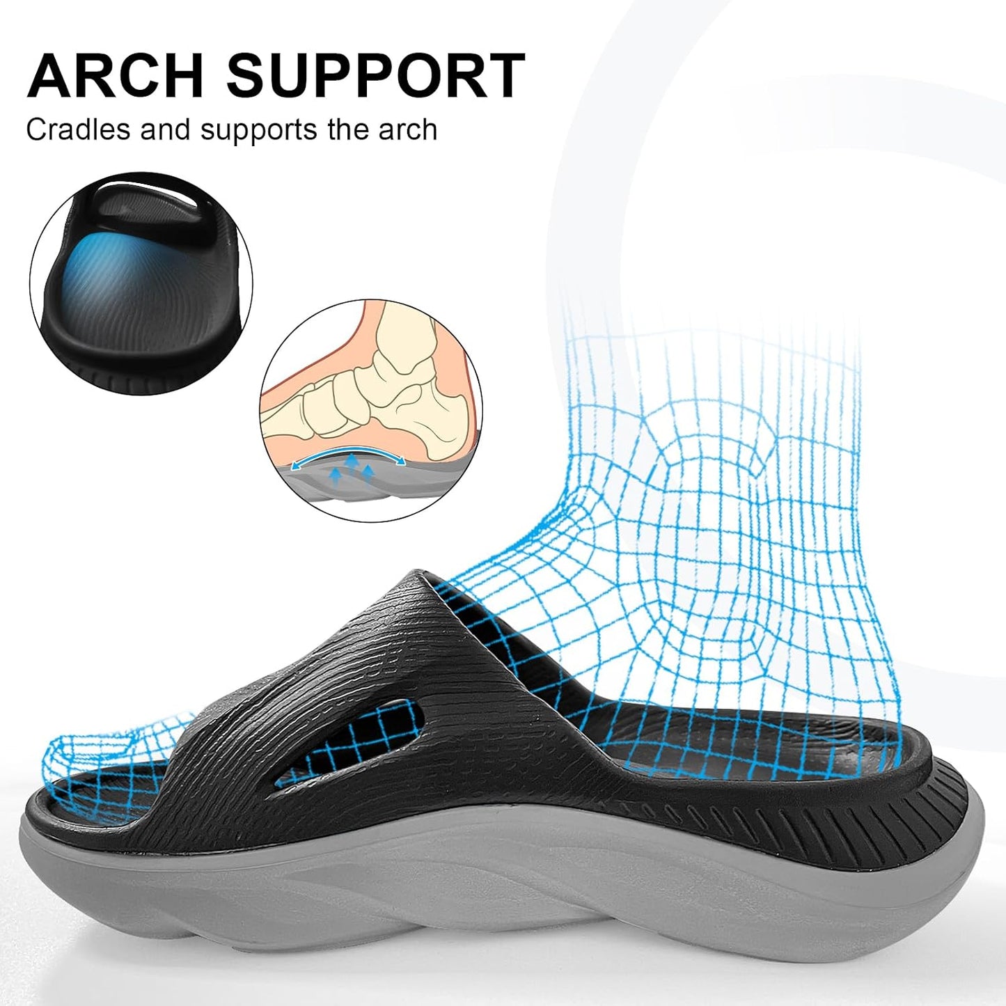 Recovery Slides for Men and Women - Orthopedic Sandals with Arch Support & Thick Cushion, Plantar Fasciitis Slippers, Lightweight Non-Slip Slides for Post-Workout Recovery