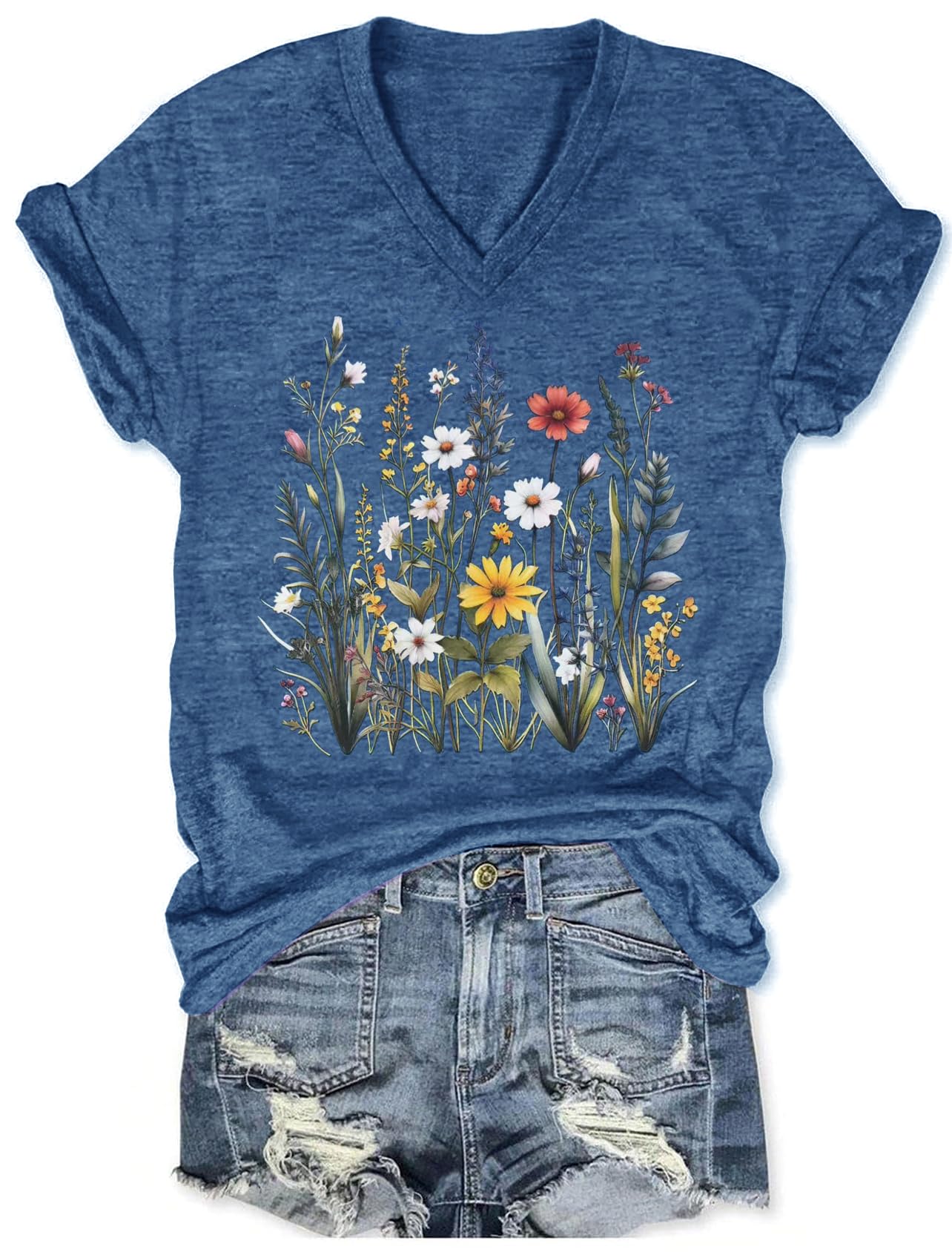 Women's T-Shirts V-Neck Dragonfly Tee Cute Summer Graphic Shirts Vintage Boho Flowers Short Sleeve T Shirt