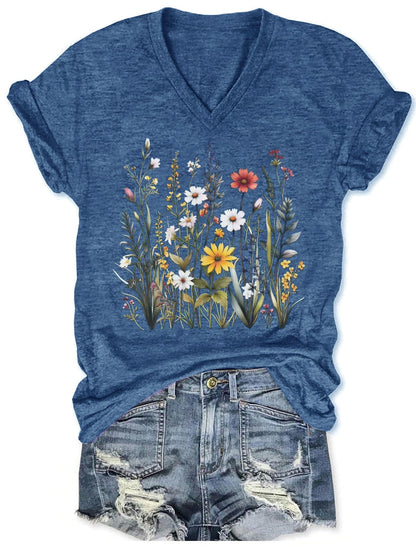 Women's T-Shirts V-Neck Dragonfly Tee Cute Summer Graphic Shirts Vintage Boho Flowers Short Sleeve T Shirt