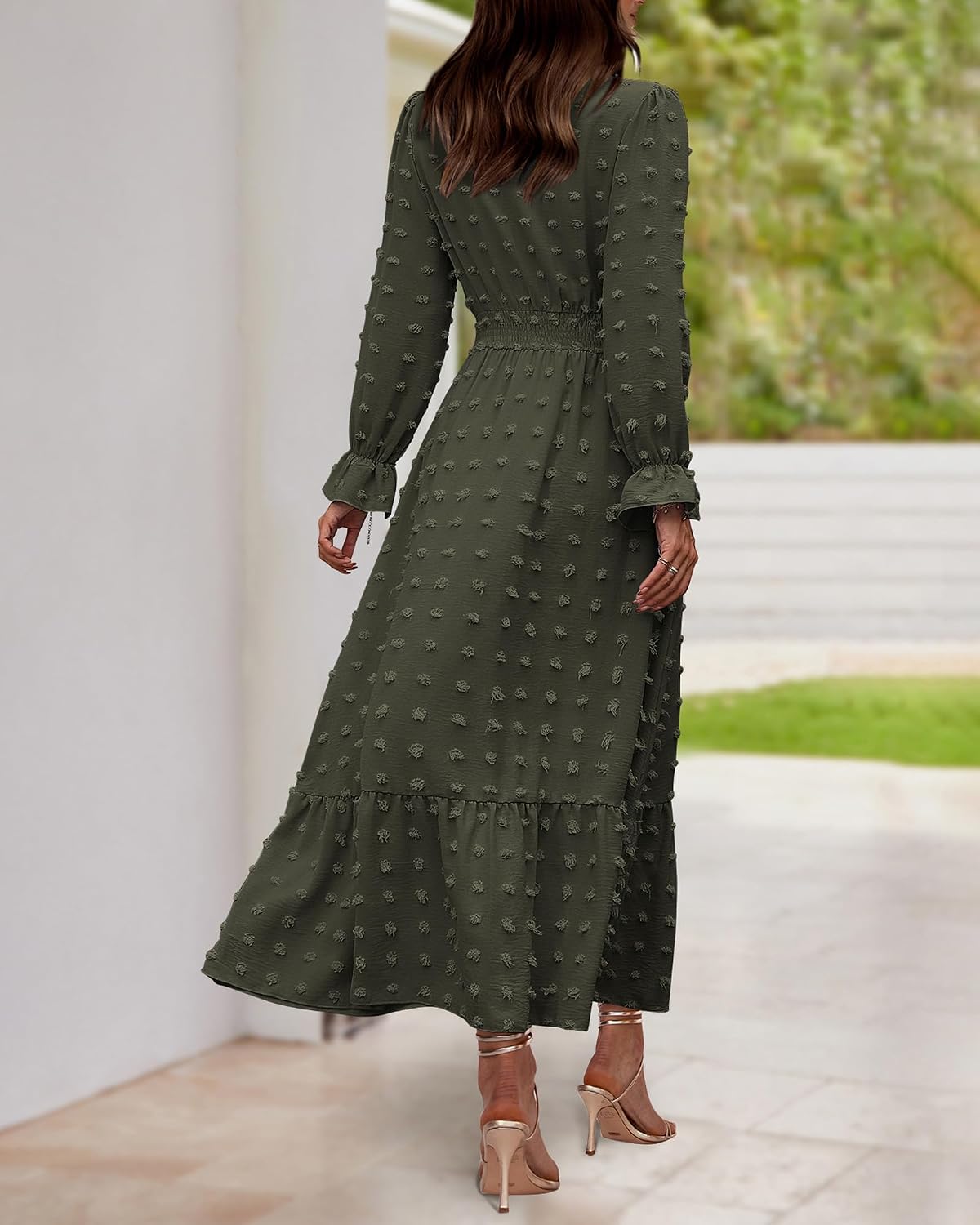 BTFBM Women Fall Maxi Dresses 2026 Long Sleeve V Neck Swiss Dots High Waisted A-Line Ruffle Boho Long Dress Vacation