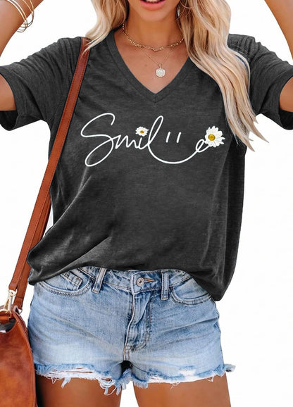 YEXIPO Womens Graphic Tees V-Neck T Shirts Spring Short Sleeve Funny Letter Print Casual Loose Cute Summer Tops