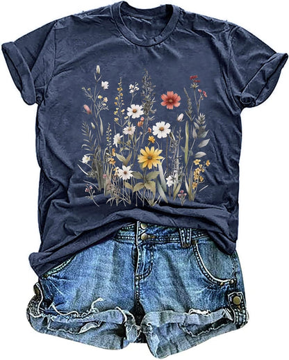 Women's Vintage Floral T Shirt Boho Wildflower Graphic Loose Tees Short Sleeve Casual Tops