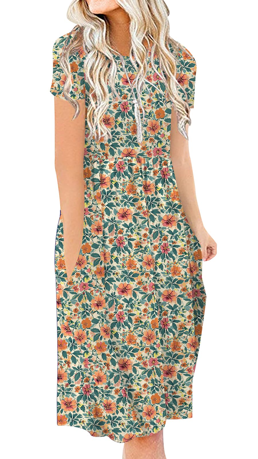 DB MOON Women Summer Casual Short Sleeve Dresses Empire Waist Dress with Pockets