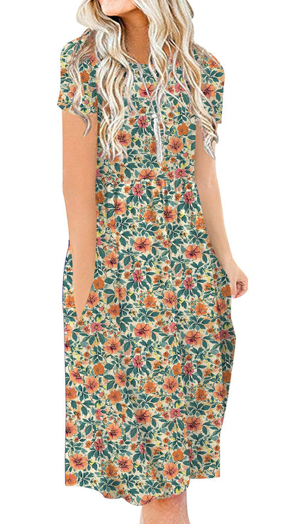 DB MOON Women Summer Casual Short Sleeve Dresses Empire Waist Dress with Pockets