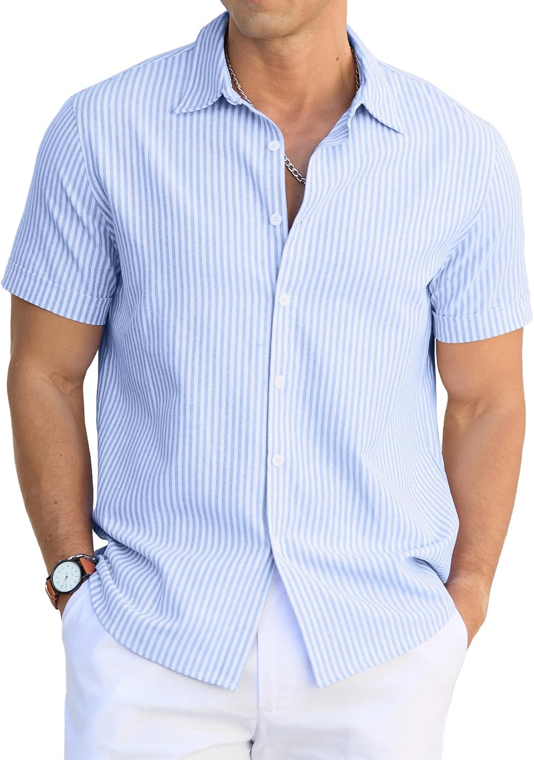 Sailwind Men's Casual Button Down Shirts Short Sleeve Striped Cotton Beach Summer Vacation Shirt