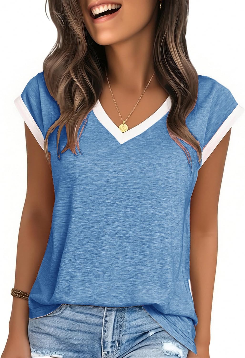 YEXIPO Womens Tops Cap Sleeve T Shirts 2026 Summer Casual Loose Fit V Neck Shirts Cute Trendy Beach Vacation Clothes