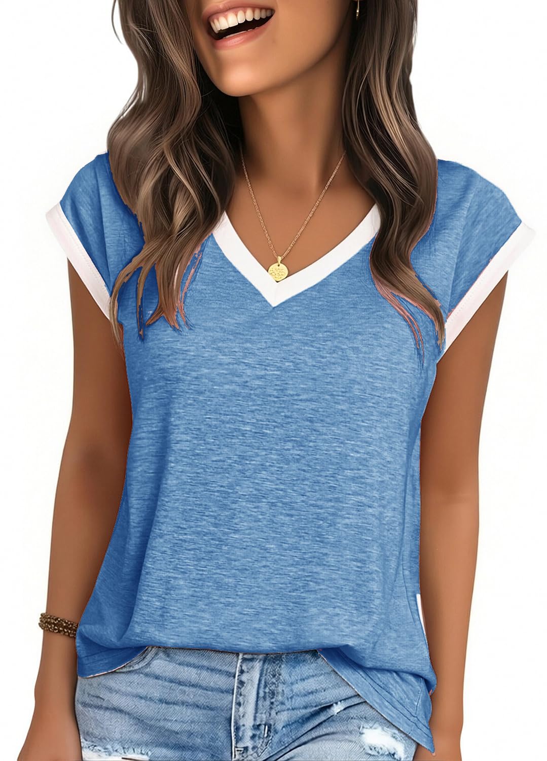 YEXIPO Womens Tops Cap Sleeve T Shirts 2026 Summer Casual Loose Fit V Neck Shirts Cute Trendy Beach Vacation Clothes